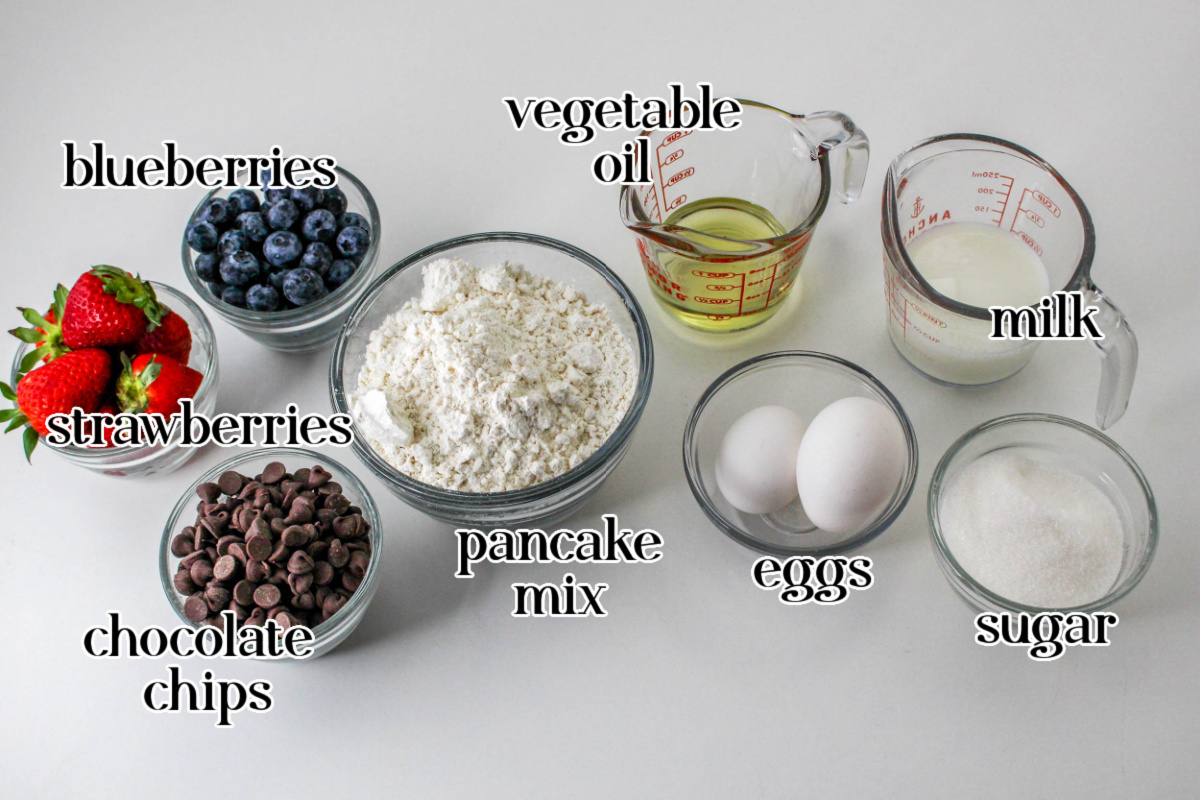 Pancake Mix Muffins ingredients on a countertop with text overlay.