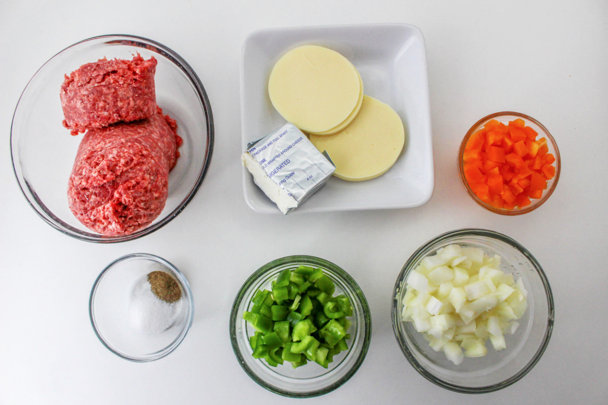Philly Cheesesteak Casserole Ingredients on a countertop.