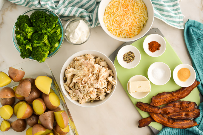 Potato Chicken and Broccoli Casserole Ingredients on a countertop.