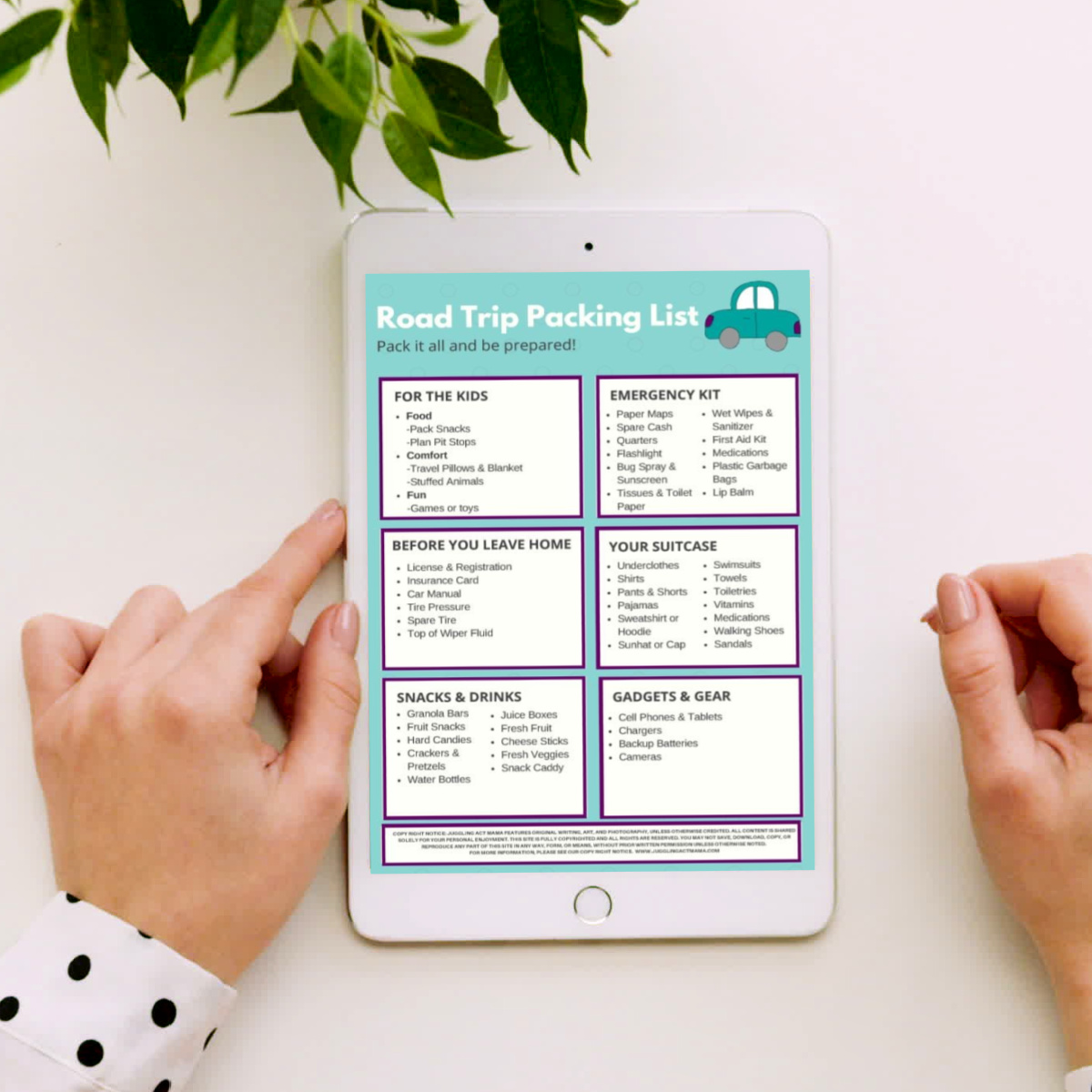 Road Trip Packing List Printable on a tablet.