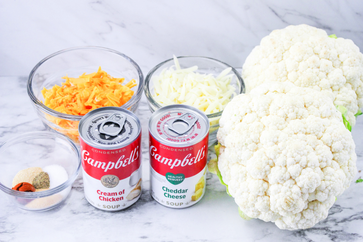 Slow Cooker Cauliflower Ingredients on a counter top.