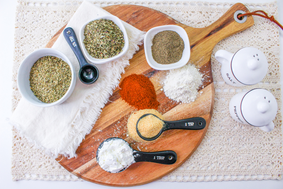 Spaghetti Seasoning Mix Ingredients on a cutting board.