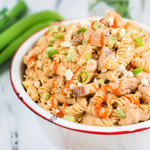 Buffalo Chicken Pasta Salad in a serving bowl.