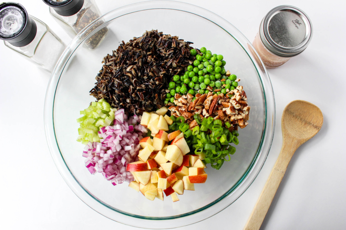 How to Make Wild Rice Salad: ingrdients in a bowl.