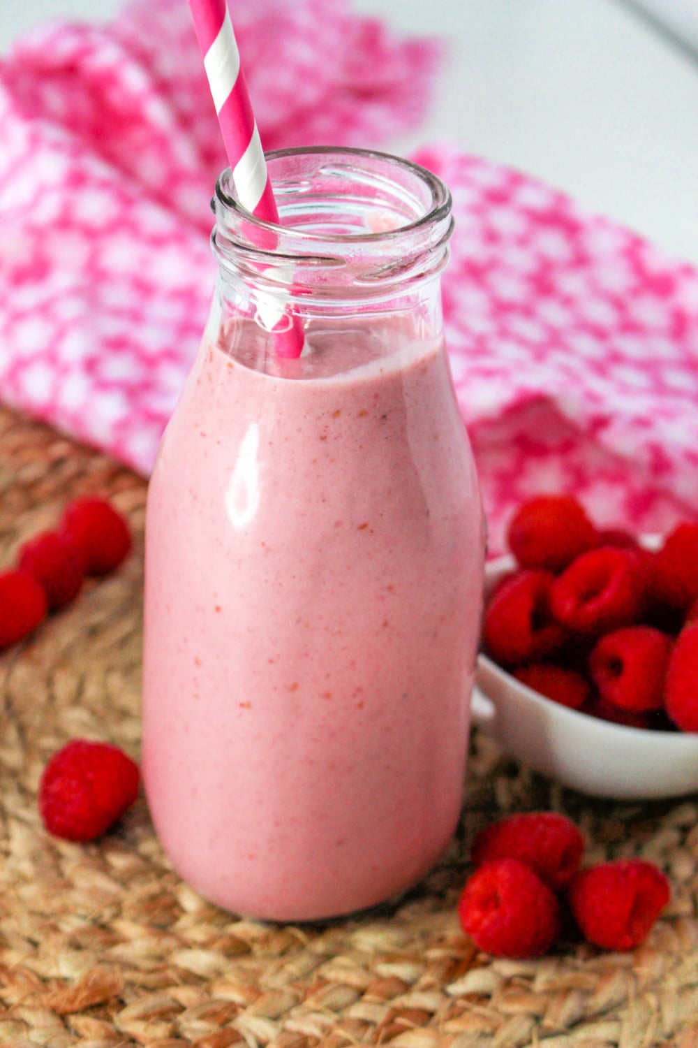 Jar of Raspberry and Strawberry Smoothie.