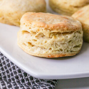 Sour Cream Biscuit Recipe: close up of a biscuit on a plate.