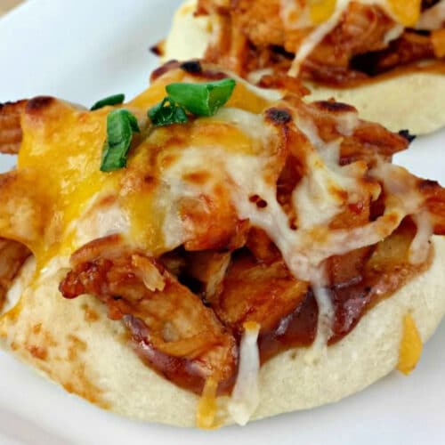 Close up of Mini BBQ Chicken Pizzas.