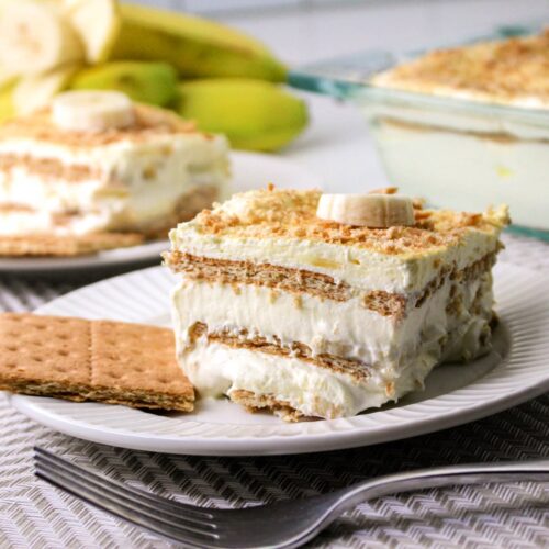 A slice of Banana Pudding Ice Box Cake on a plate.