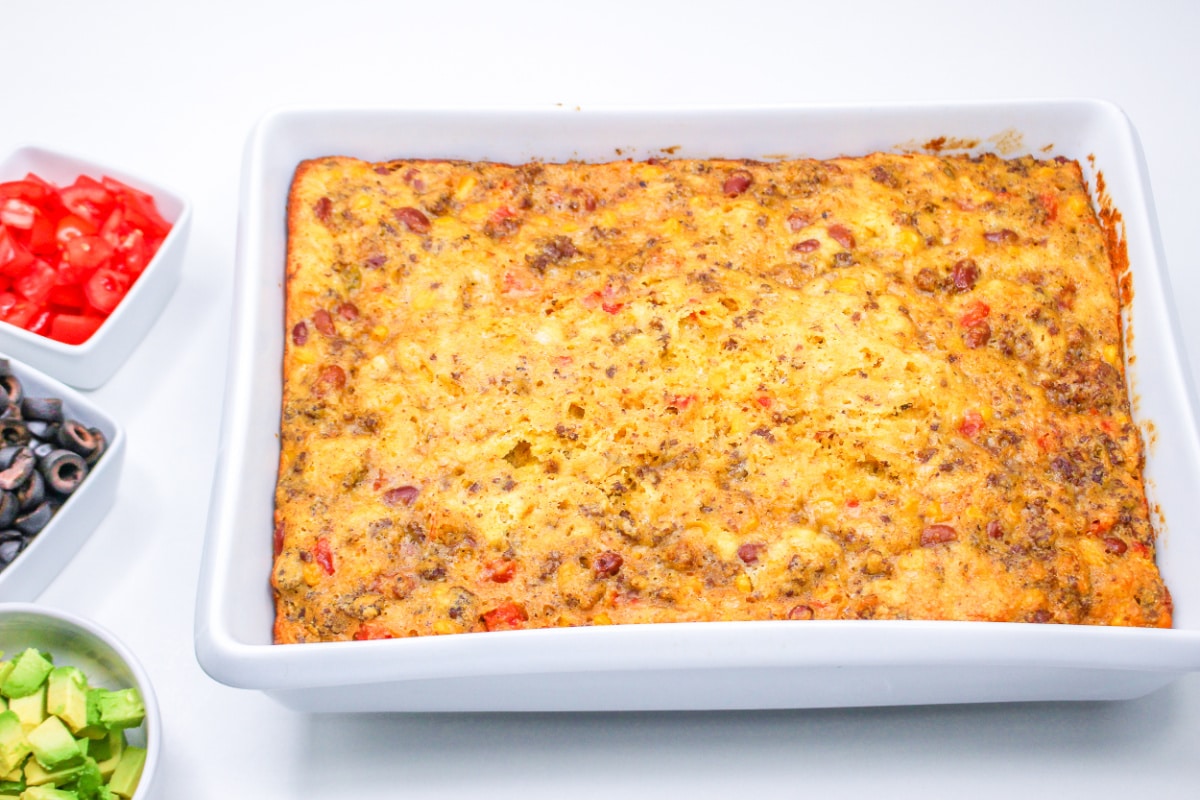 Beef and Cornbread Casserole in a large baking pan.