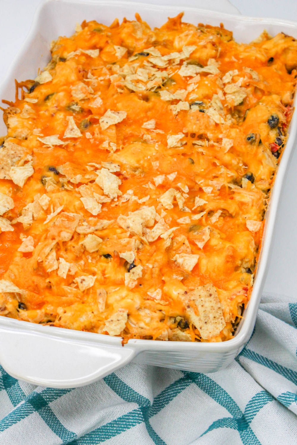 Chicken Taco Casserole Recipe in a casserole dish.