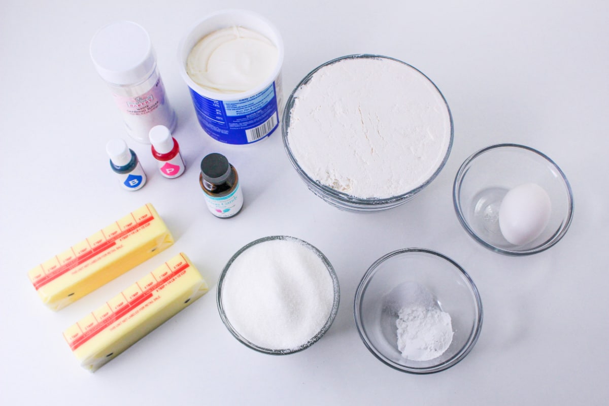 Cotton Candy Cookie Ingredients on a countertop.