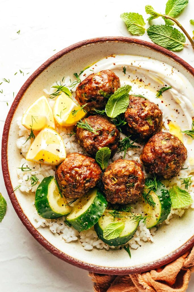 Top down view of Greek Meatballs.