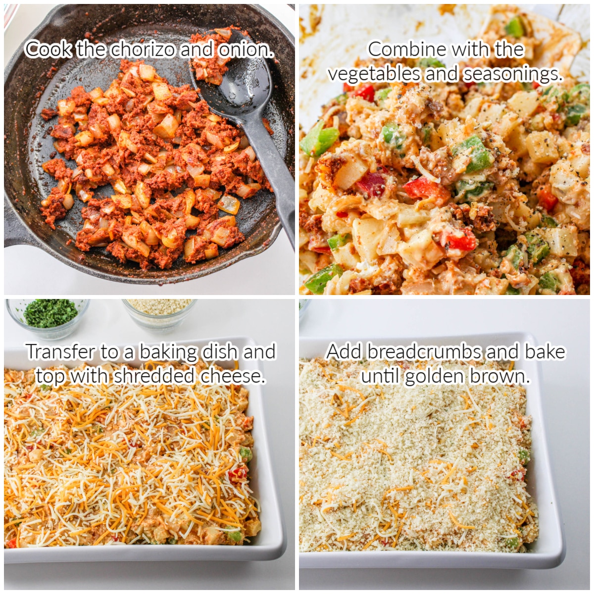 How to Make Chorizo Potato Casserole collage with text overlay.
