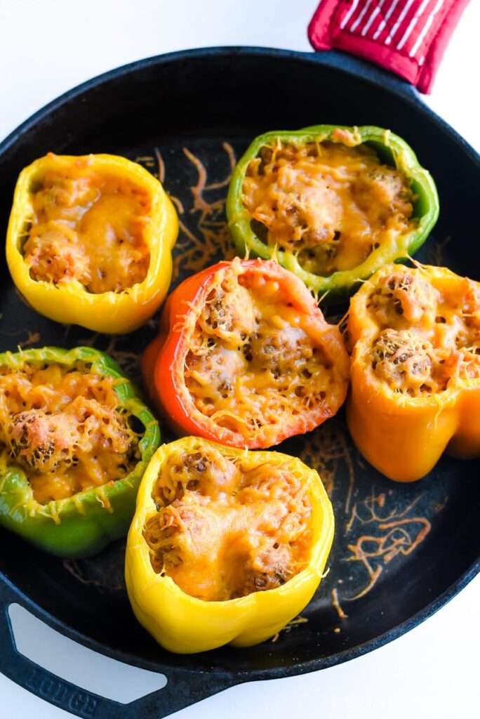 Recipes Using Meatballs: Easy Meatball Stuffed Bell Pepper Recipe from Fantabulosity in a skillet.