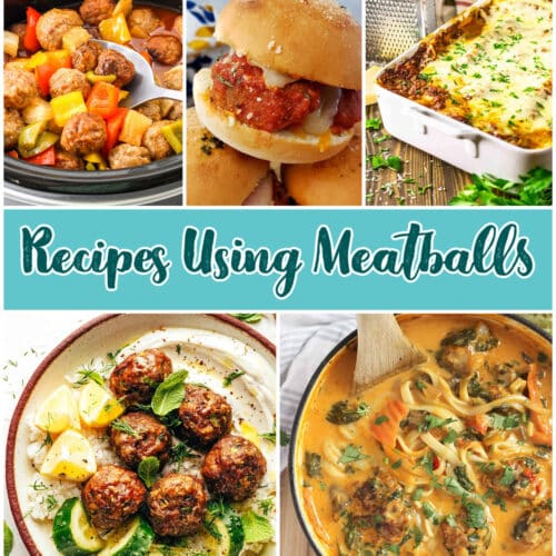 Square collage with text overlay: Recipes with Meatballs.