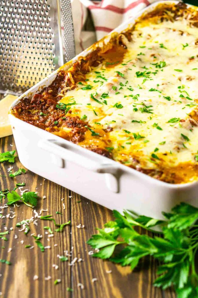 Recipes Using Meatballs: Meatball Lasagna from Burrata and Bubbles in a baking pan.