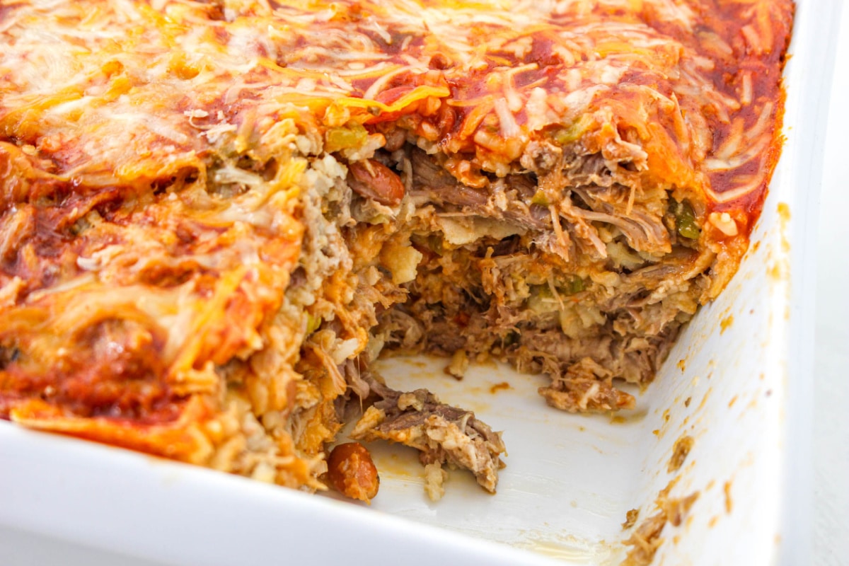 Close up of Tex Mex casserole in a baking dish.