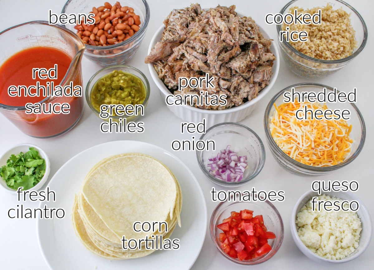 Carnitas Casserole Ingredients with text overlay.