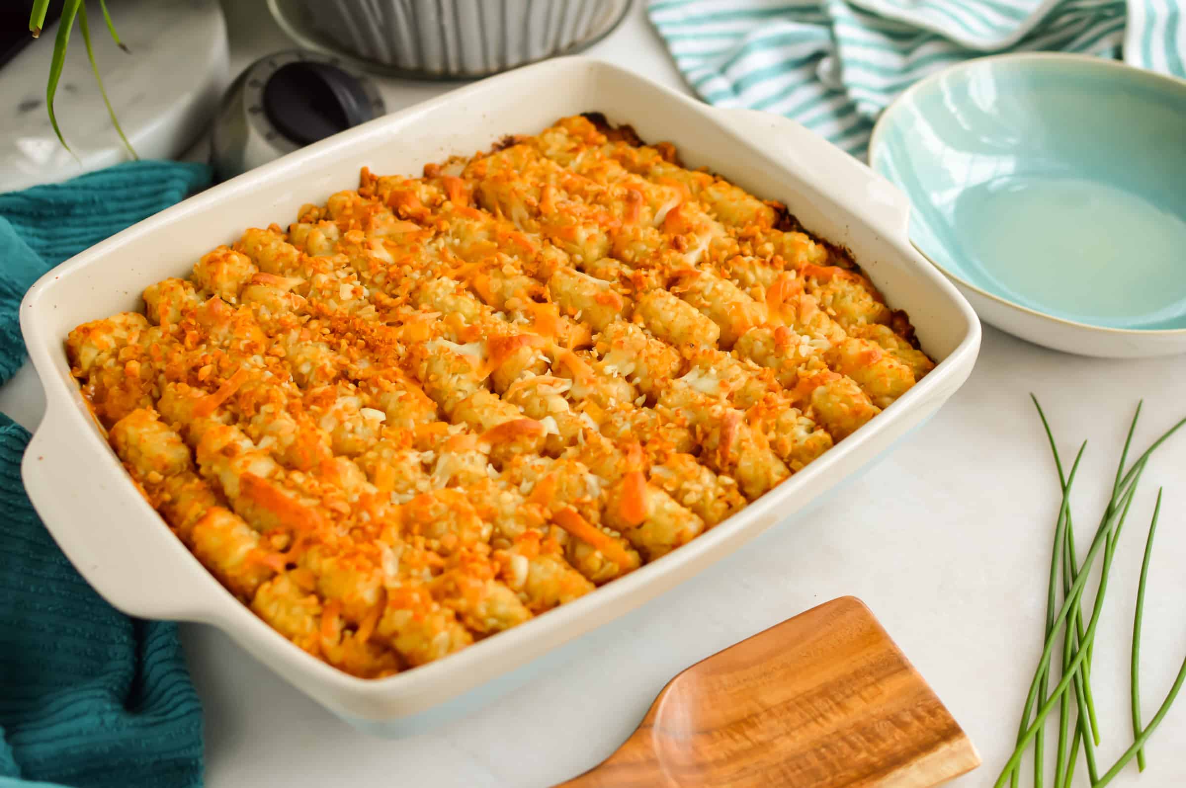 Chili Cheese Tater Tot Casserole in a baking dish.
