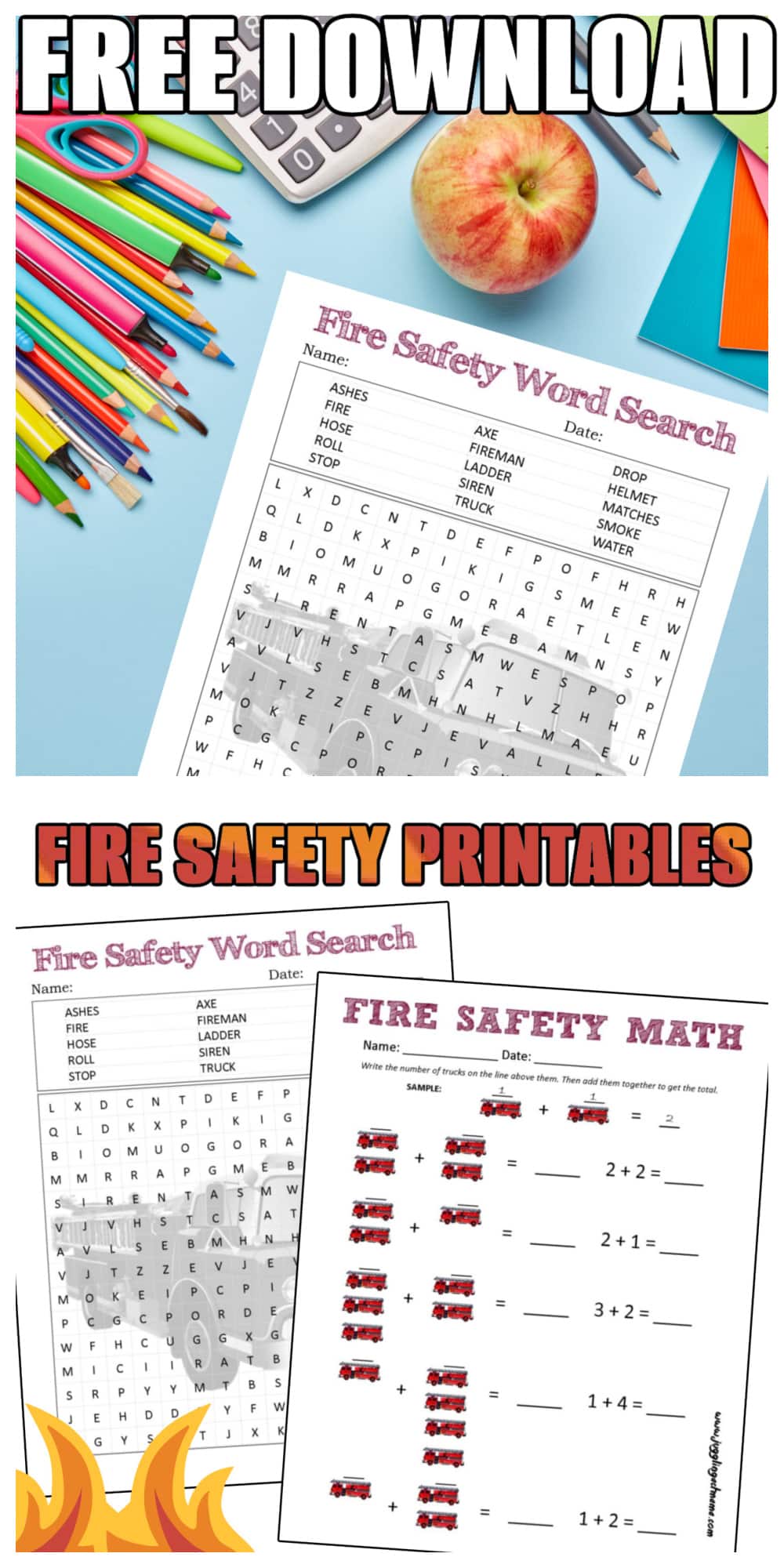 Fire Safety Printables collage mock up with text overlay.