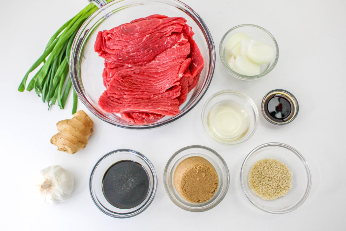 Ingredients for Korean Beef including ginger, garlic, brown sugar, and onion.