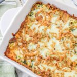 Monterey Spaghetti with French onions in a baking dish.