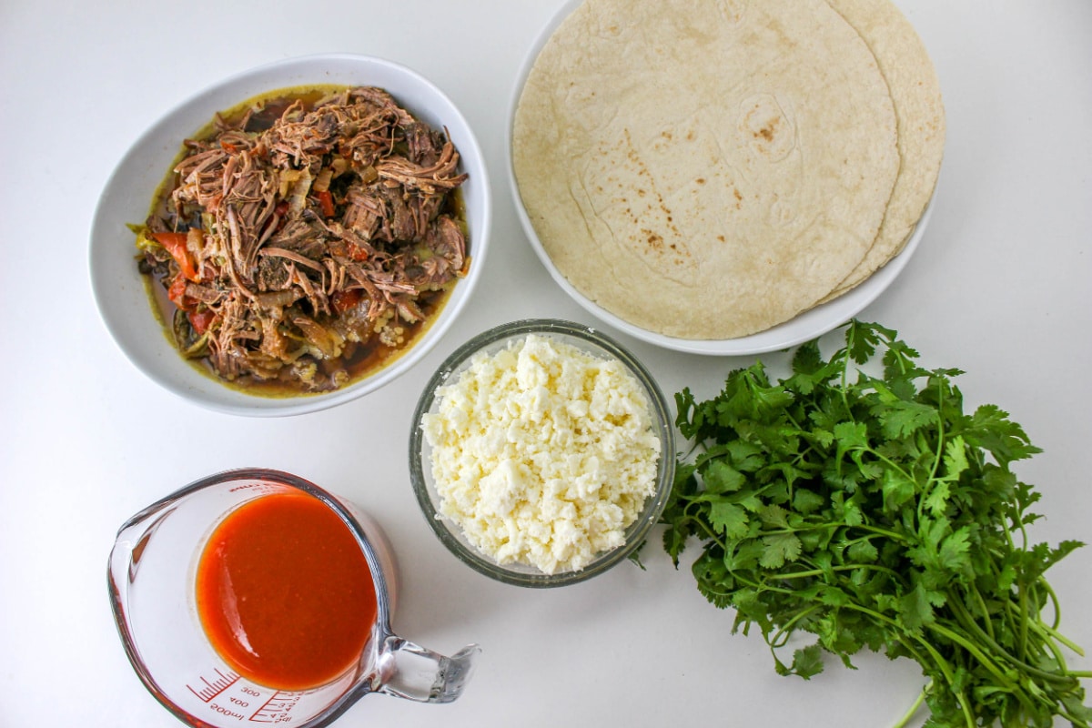 Shredded Beef Enchiladas Ingredients on a countertop.