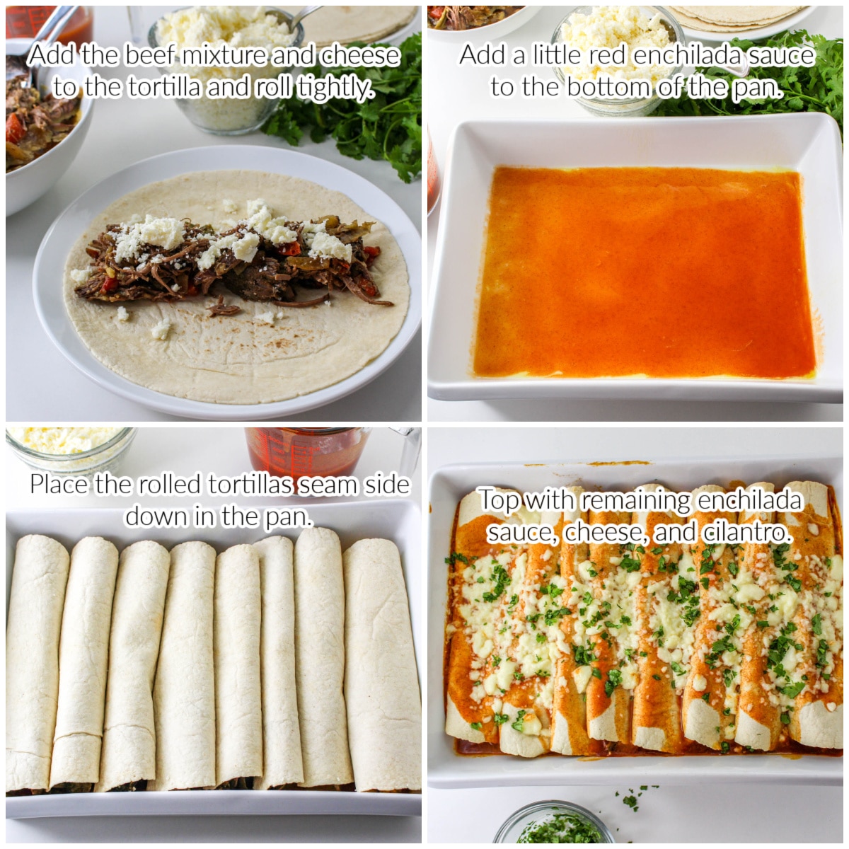 How to make shredded beef enchiladas collage with text overlay.
