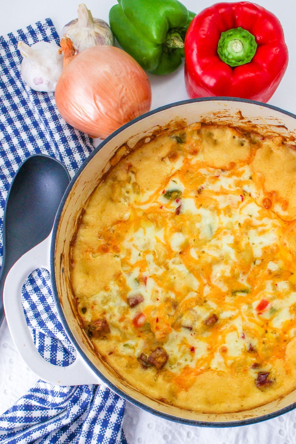 Cajun Mac and Cheese in a Dutch Oven.