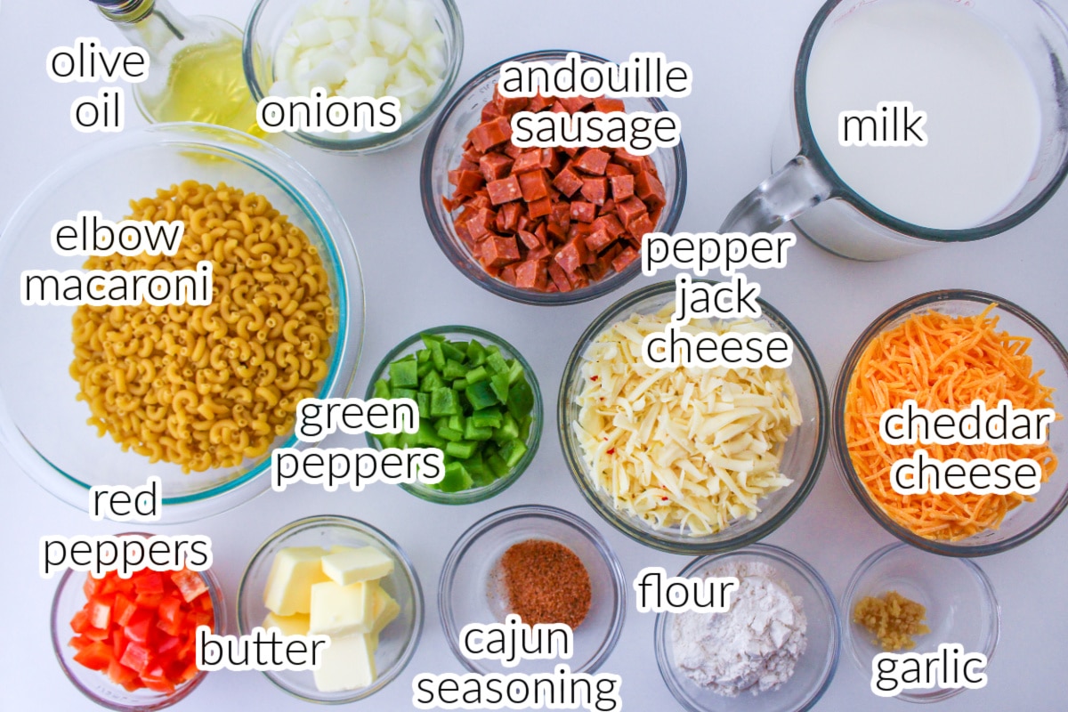 Cajun Macaroni and Cheese Ingredients with text overlay.