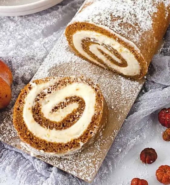 Slice of Pumpkin Roll cake.