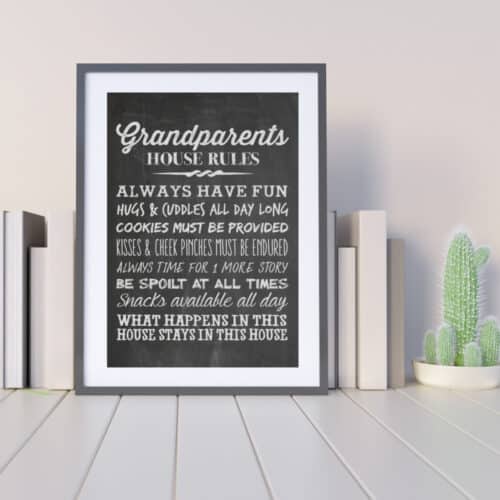 Grandparents House Rules framed chalkboard print on a shelf.