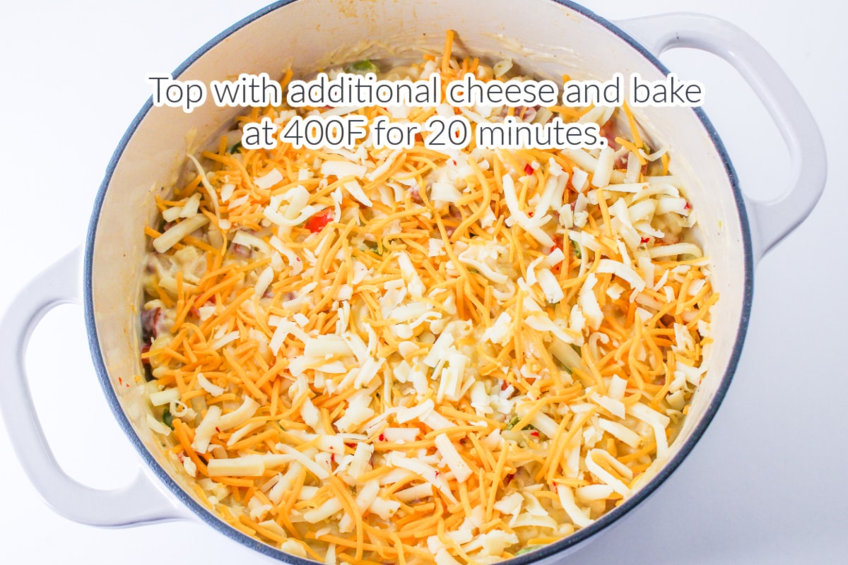 Cajun Mac and Cheese with Sausage in a Dutch Oven instructions with text overlay.