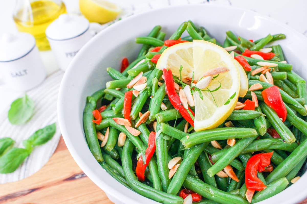 Italian Green Bean Salad Recipe with almonds and roasted red pepper.