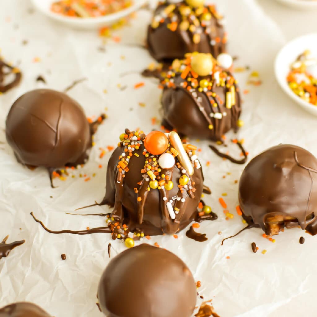 Oreo Truffles decorated with sprinkles for Halloween.