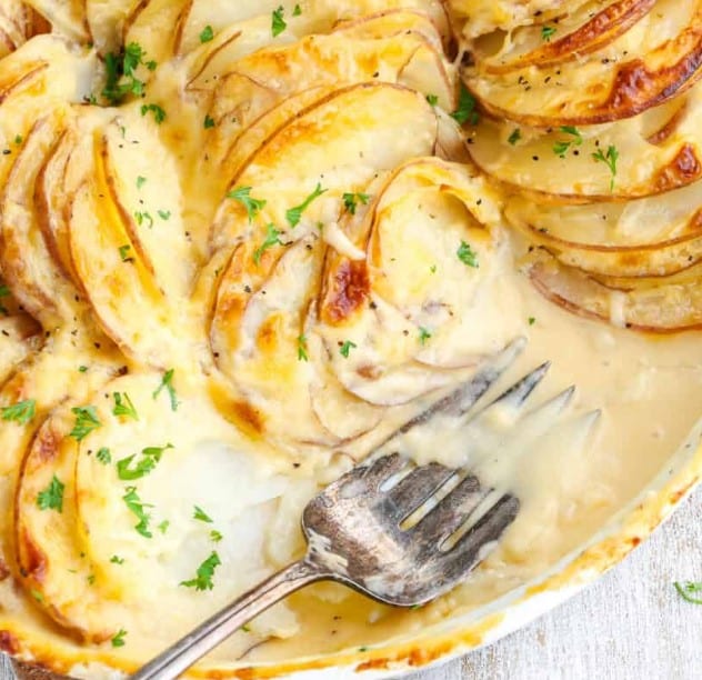 Close up of au gratin potatoes.