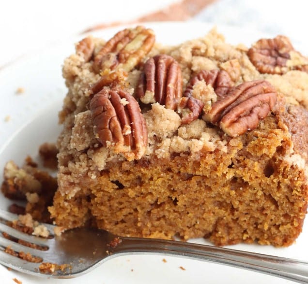 Pumpkin Cake on a plate with a fork.