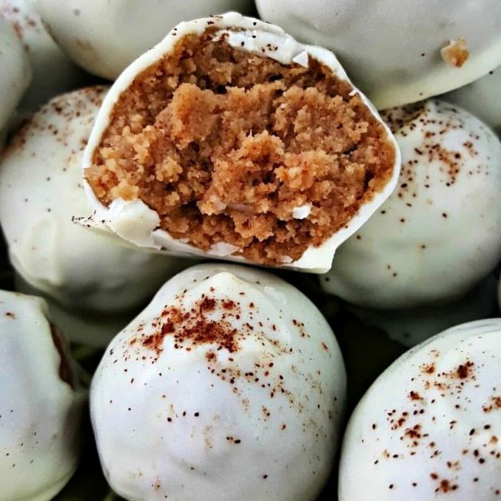 Close up of half a Pumpkin Cream Cheese Truffle.
