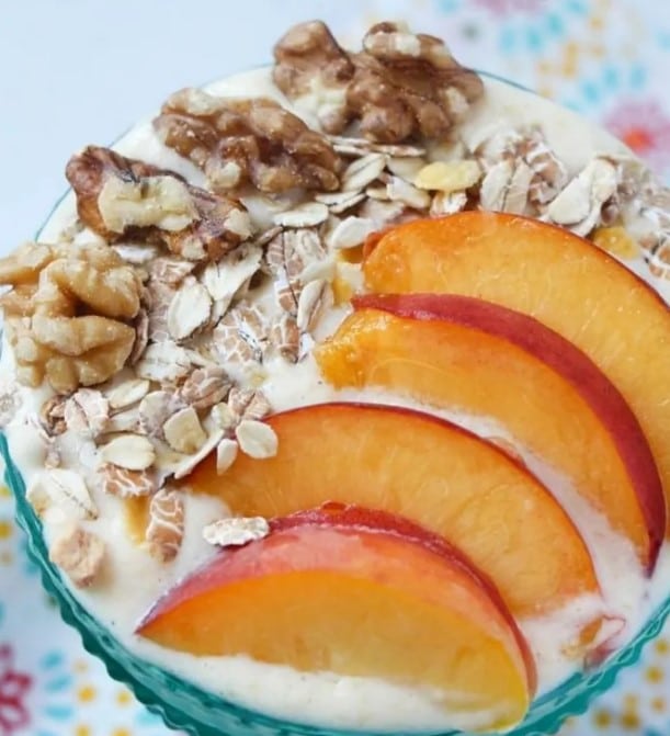 Best Smoothie Bowl Recipes: Peach Pie Smoothie Bowl close up.