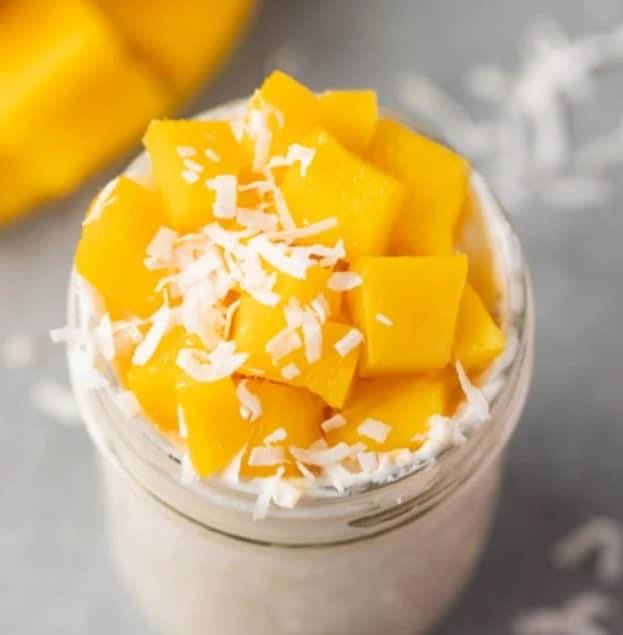 Close up of Mango Overnight Oats with coconut.