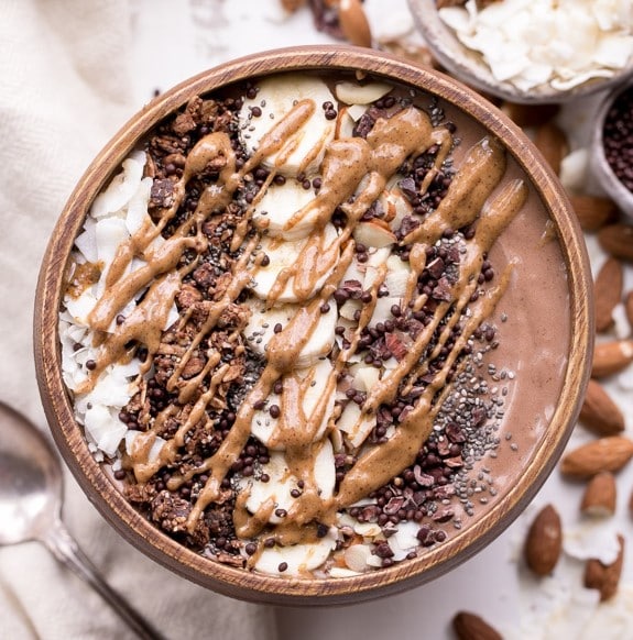 Almond Chocolate Coconut Smoothie Bowl with bananas.