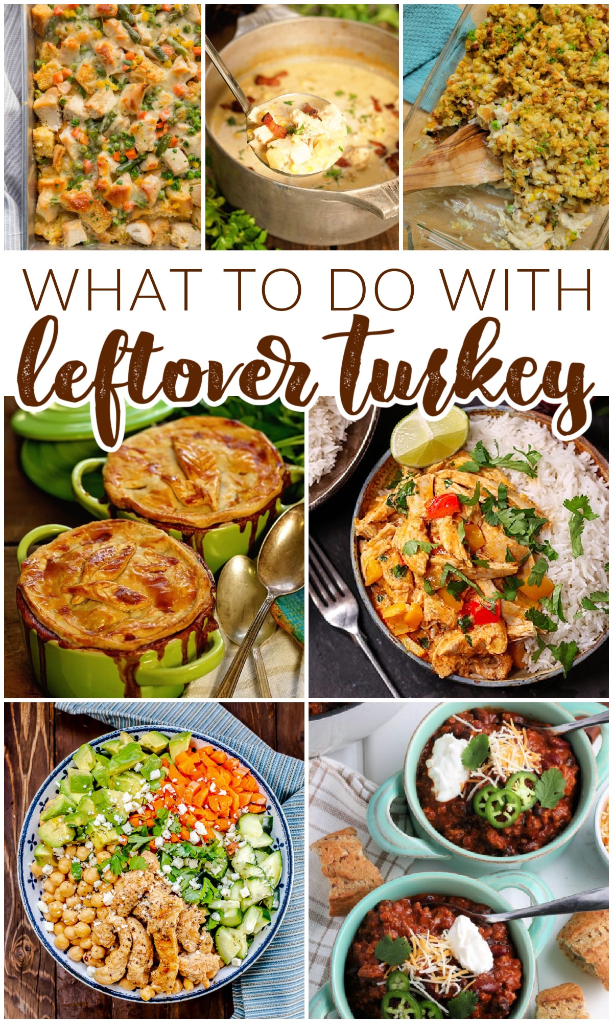 What to do with Leftover Turkey Recipe Ideas collage with text overlay.