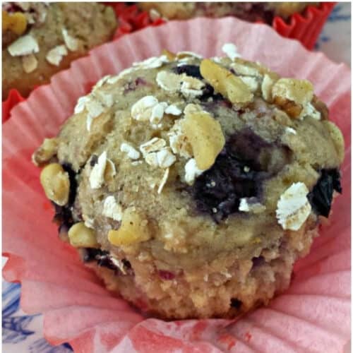 Close up of blueberry oatmeal muffins with walnuts and quick oats.