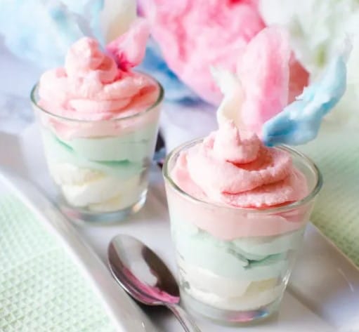 Cotton Candy Dessert Shots in shot glasses.