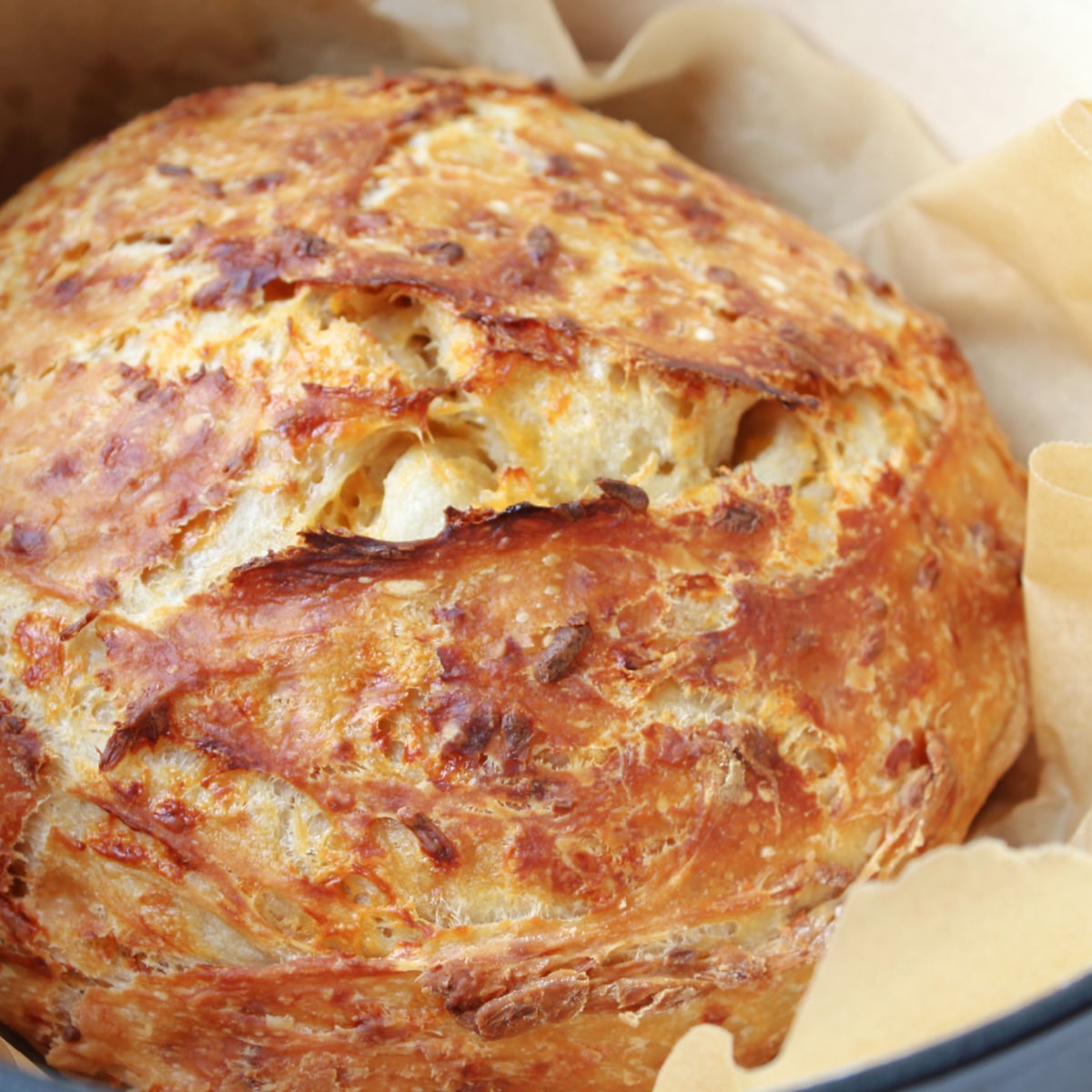 Close up of Cheddar Cheese Bread Recipe in a Dutch oven.