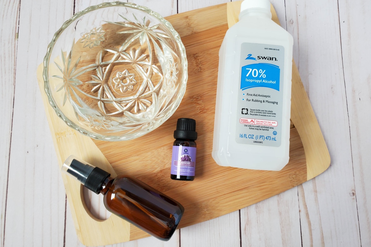 Lavender Linen Spray Materials including rubbing alcohol and lavender essential oil.