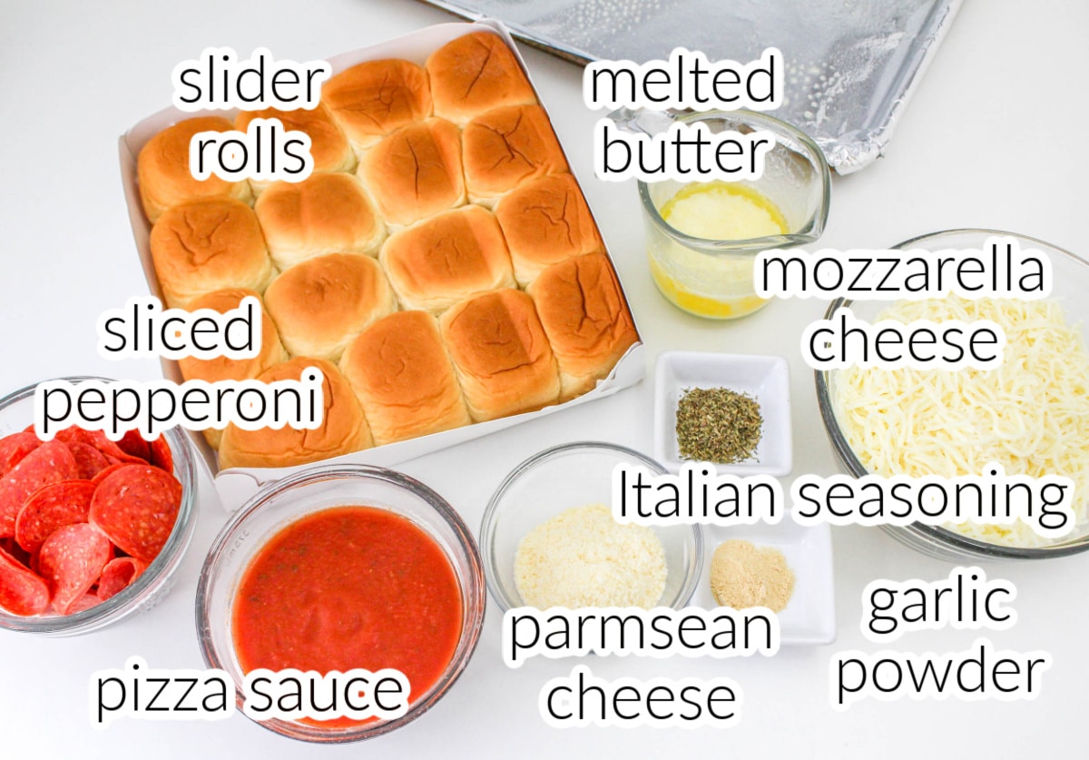 Pepperoni Pizza Sliders Ingredients on a countertop with text overlay.