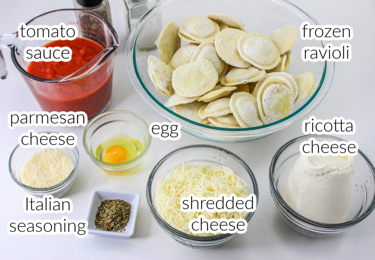 Bowls of Ingredients to make Ravioli Lasagna on a countertop with text overlay.