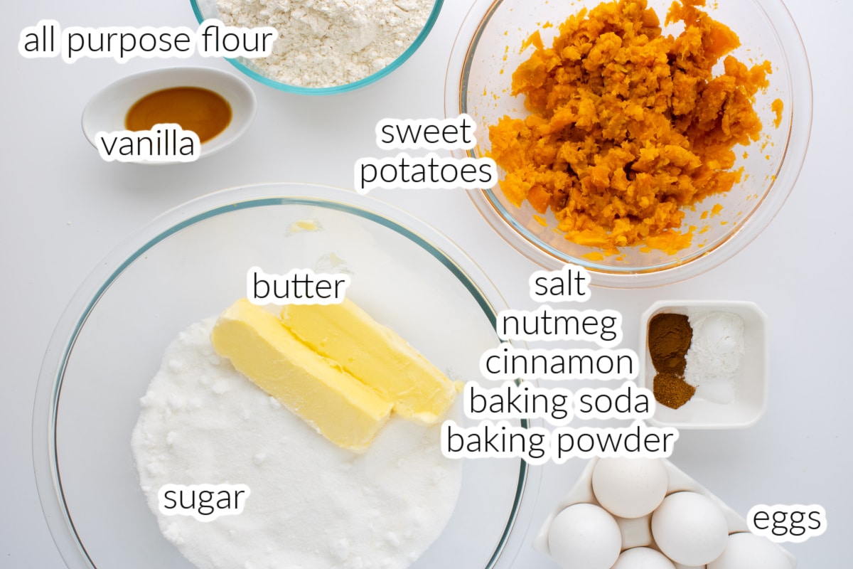 Bowls of ingredients for Sweet Potato Pound Cake with text overlay.