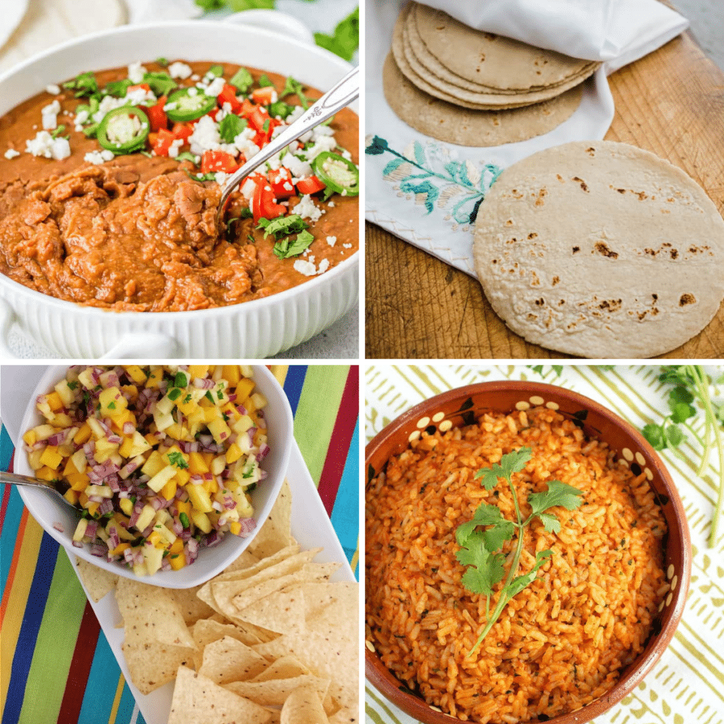 Taco bar side dishes square collage.